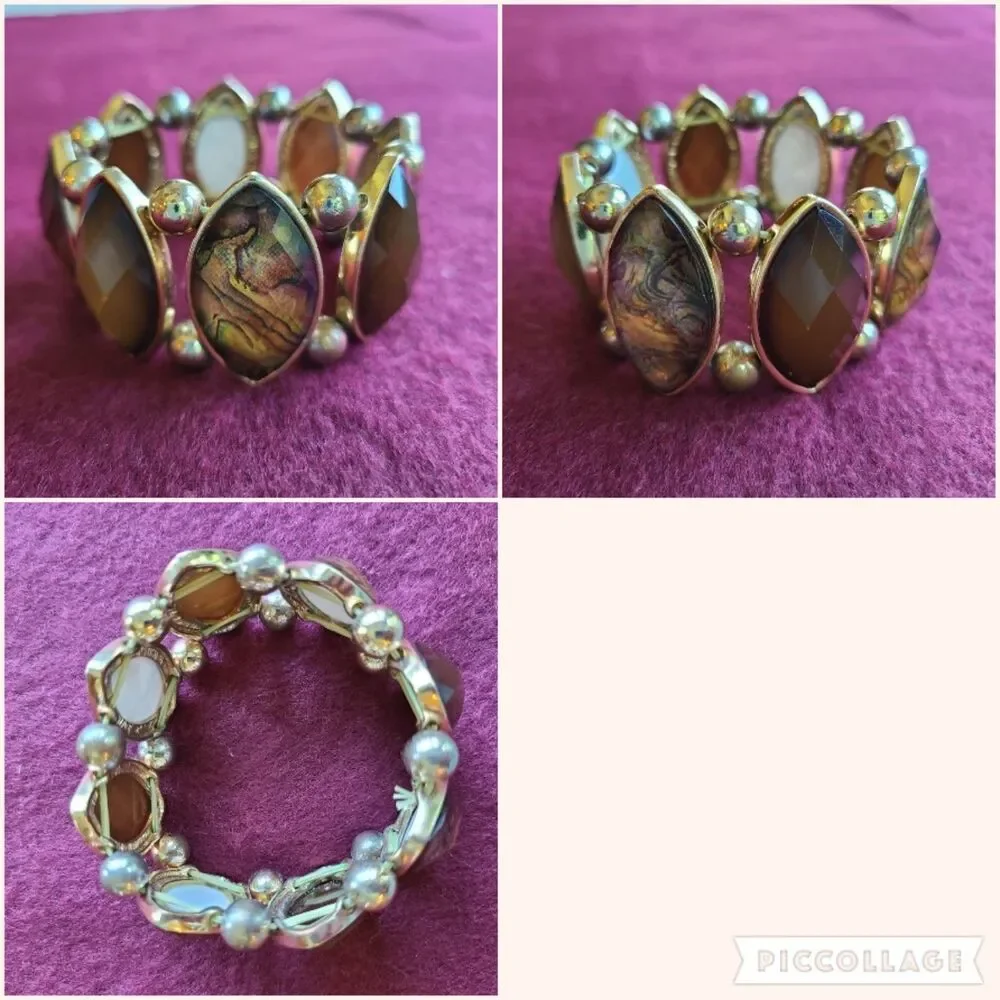 Vintage Gold Tone Stretch Bracelet Faceted Brown Stones With Iridescent Accents
